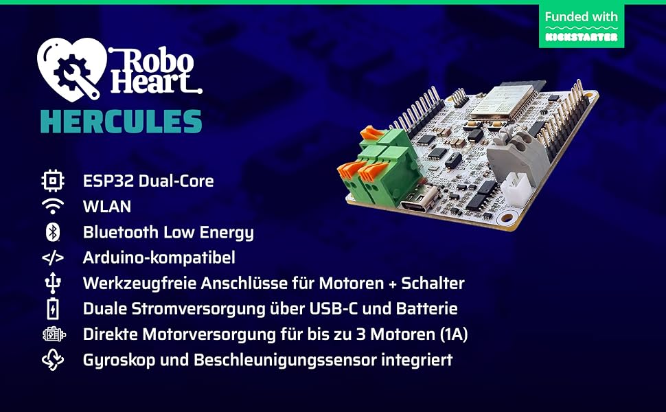 RoboHeart Hercules Logo, Produktfoto, Funded with Kickstarter und Features auf blauem Hintergrund